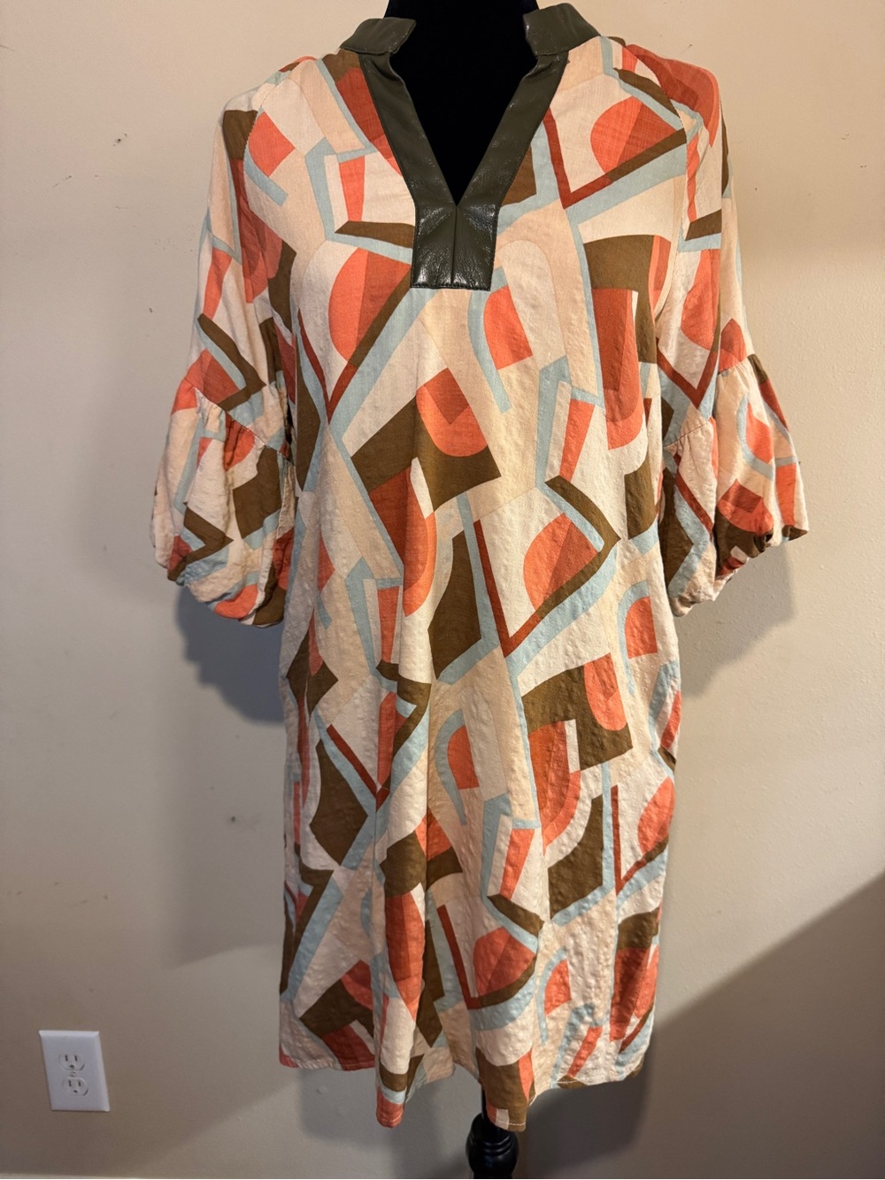 THML Abstract Geometric Mini Dress in Coral, Olive & Cream